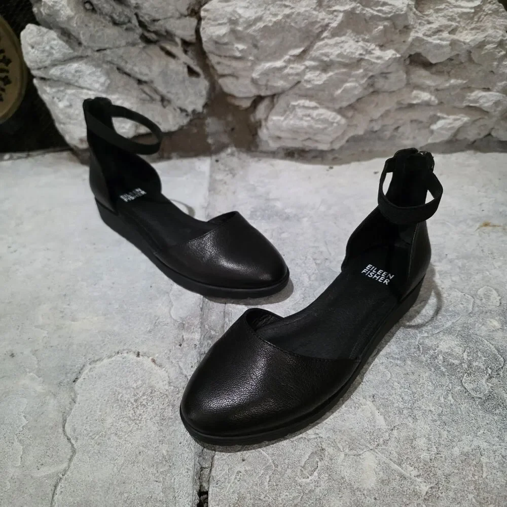 Eileen Fisher Sue Leather Flats Ankle Strap 5 1/2 Heel Shoes Black Minimalist